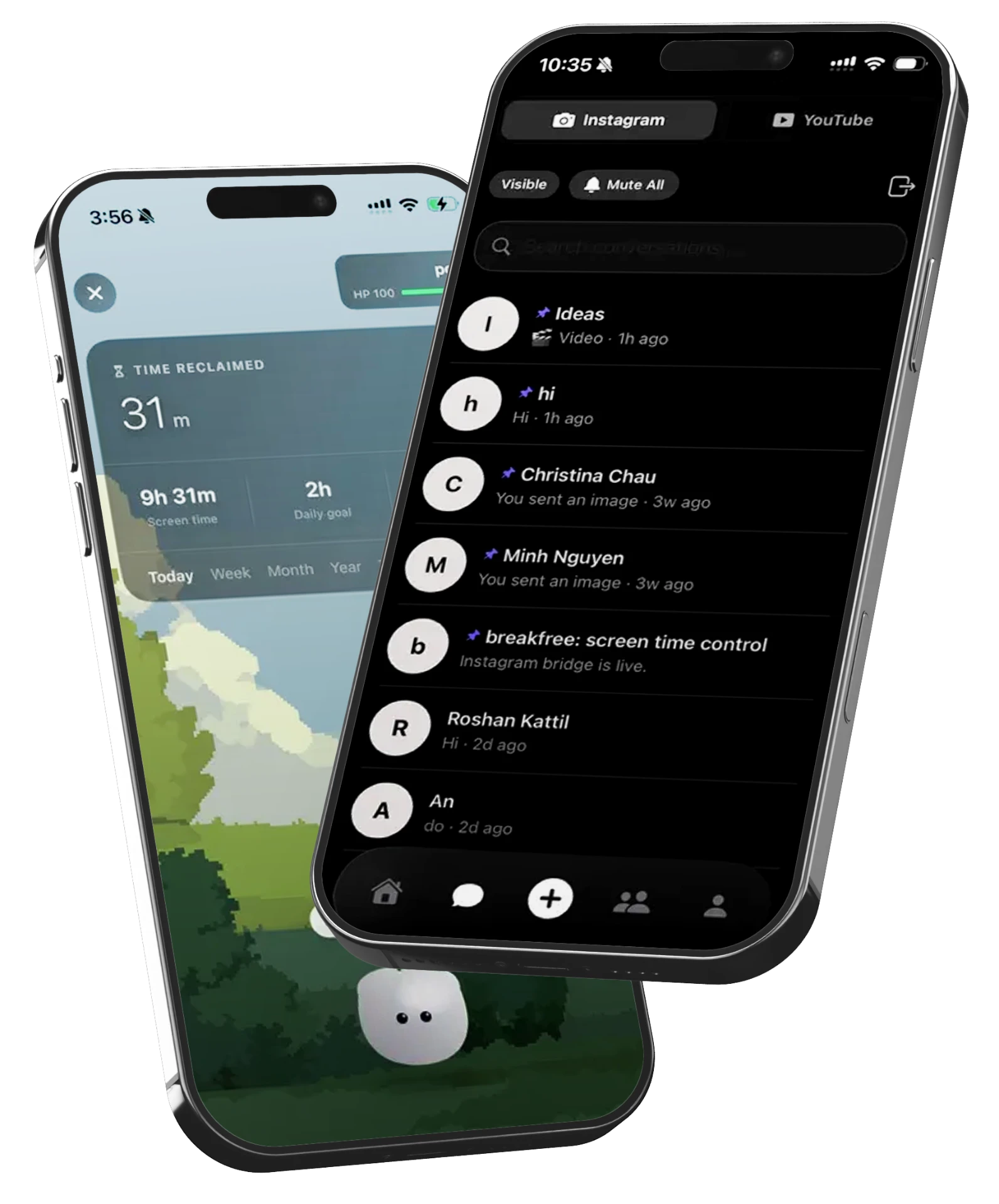 Breakfree app screens showing time reclaimed and a feed-free message inbox